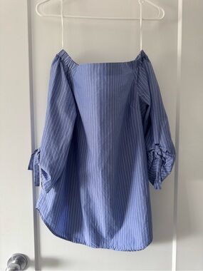 Babaton Aritzia Blue Pinstripe Off Shoulder Tie Sleeve Blouse M